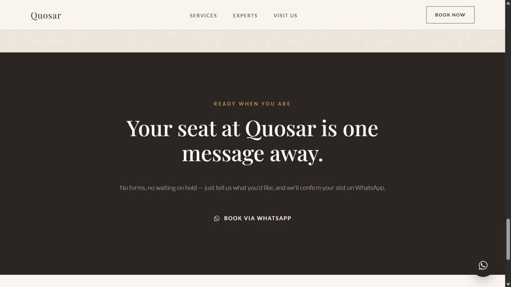 Quosar WhatsApp booking CTA