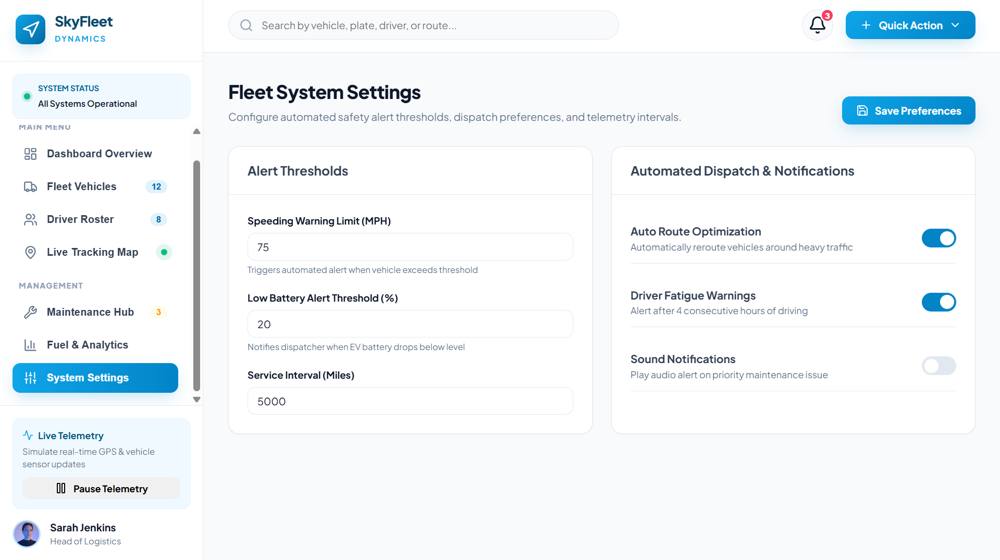 SkyFleet Dynamics dashboard detail view