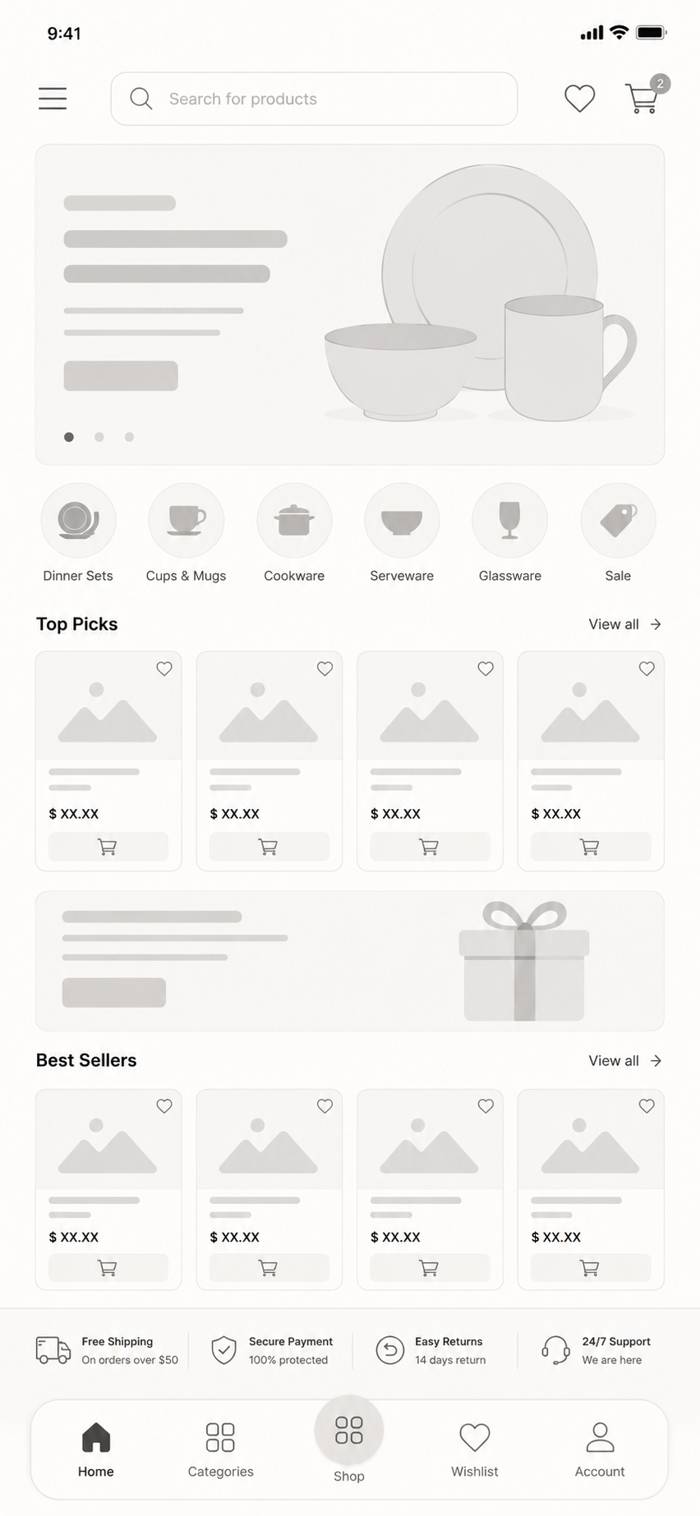 Crockery & Homeware Store wireframe