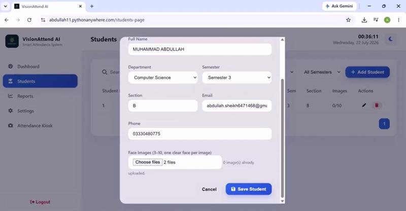 VisionAttend AI add student form