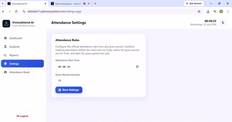 VisionAttend AI attendance rules settings