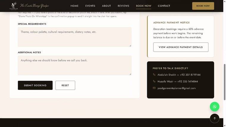 Yaadgar Events Planner booking form